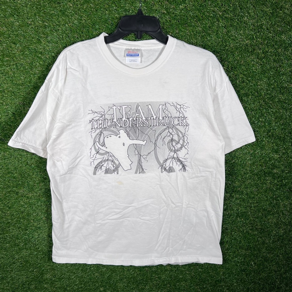 Hanes Heavyweight Team Thunderstruck Graphic T Shirt White‎ Adult L Y2K